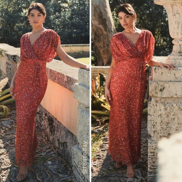 Mac Duggal 5640 Size 14 Coral Orange Sequin Draped Sleeve V-Neck Gown Maxi Dress - Picture 1 of 5